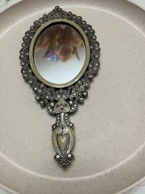 Ornate Vintage-Style Hand Mirror in Silver and Ivory Tones
